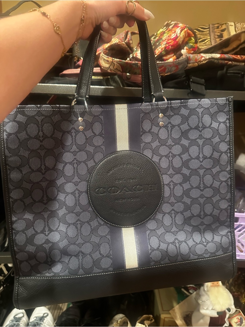 Coach Navy Signature Jacquard Tote Bag with Leather Trim & Center Stripe - Picture 7 of 11